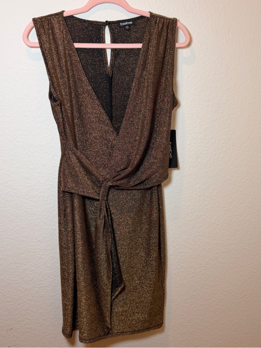 Bebe Gold Metallic Wrap Dress NWT Club Sparkly Party Cocktail Holiday Glam S